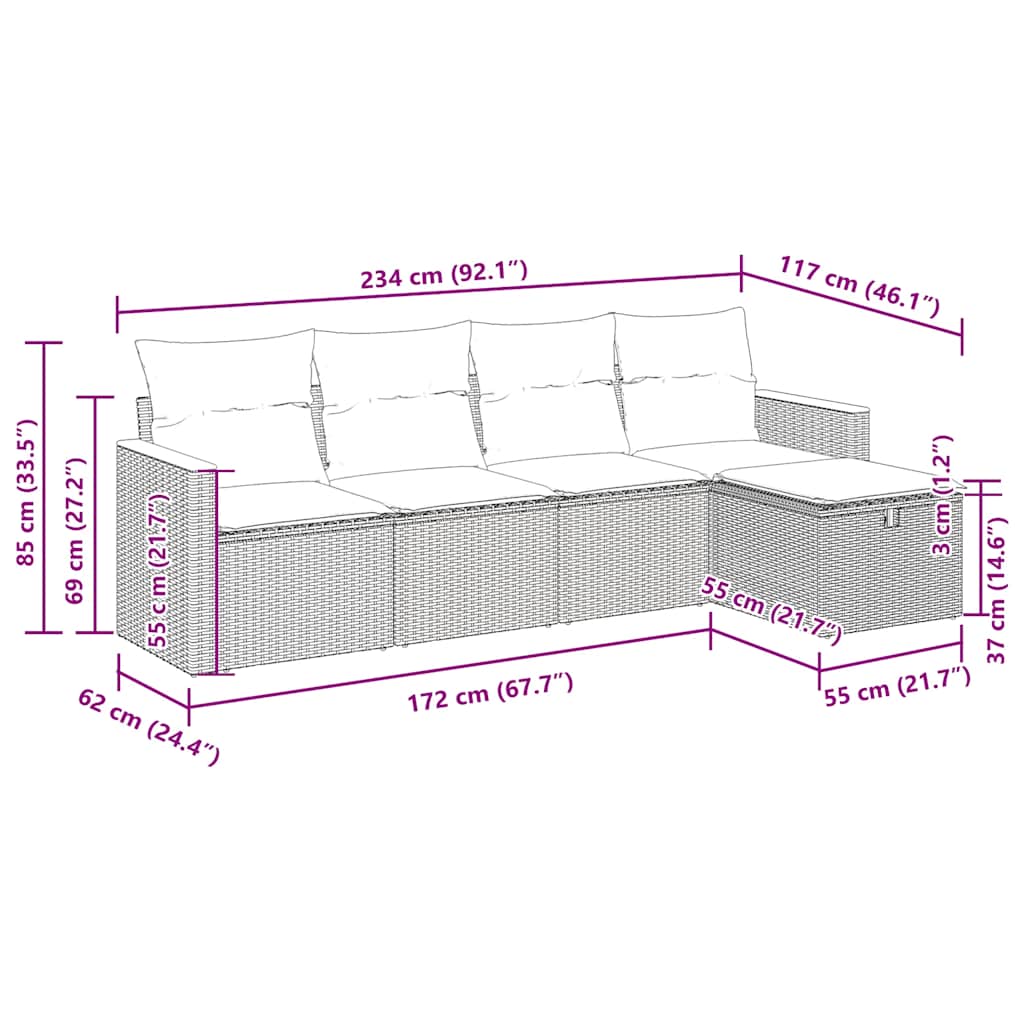 5 pcs conjunto sofás de jardim com almofadões vime PE preto