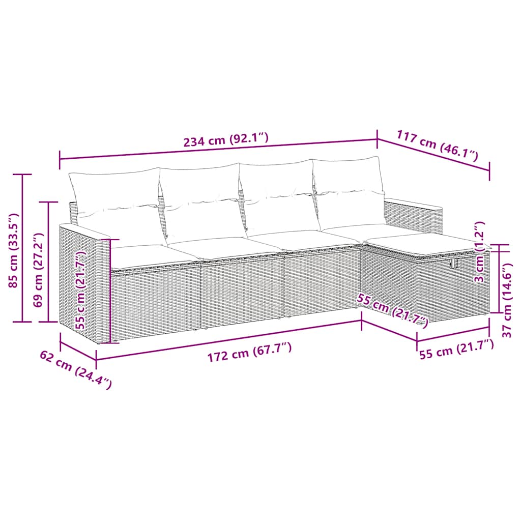 5 pcs conjunto de sofás p/ jardim com almofadões vime PE bege
