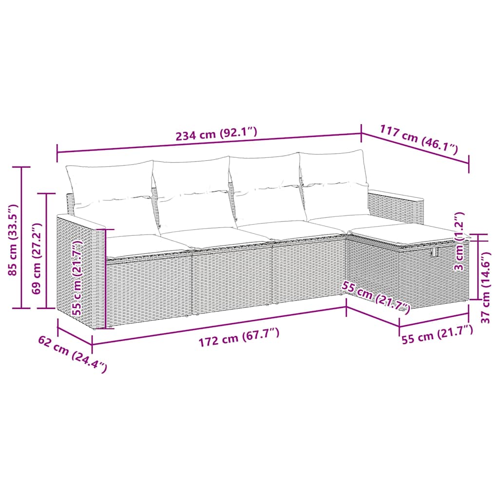 5 pcs conjunto de sofás p/ jardim com almofadões vime PE bege