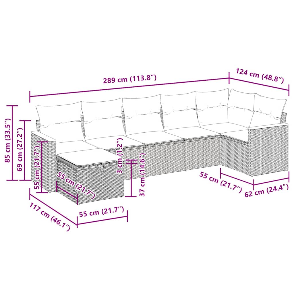 7 pcs conjunto sofás p/ jardim c/ almofadões vime PE cinzento