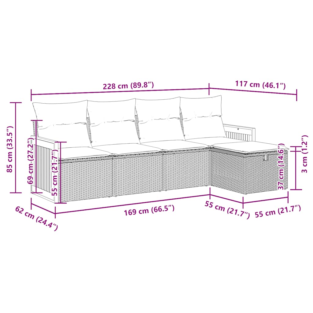 5 pcs conjunto sofás de jardim c/ almofadões vime PE cinzento