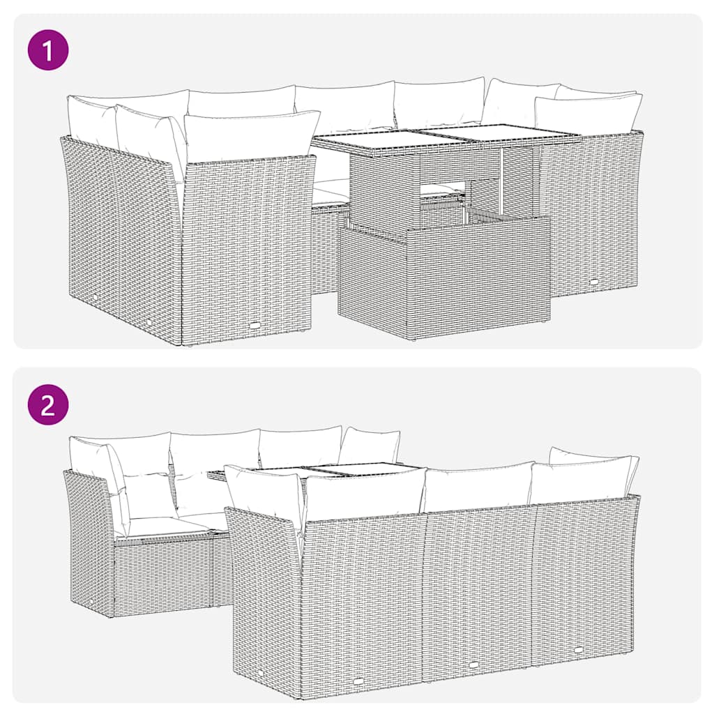 7 pcs conj. sofás jardim c/ almofadões vime PE/acácia castanho
