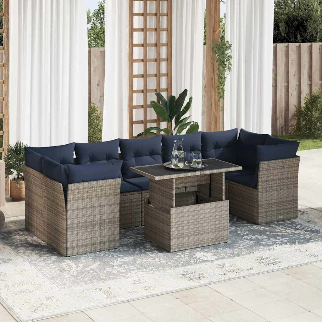 8 pcs conjunto sofás jardim almofadões vime PE/acácia cinzento