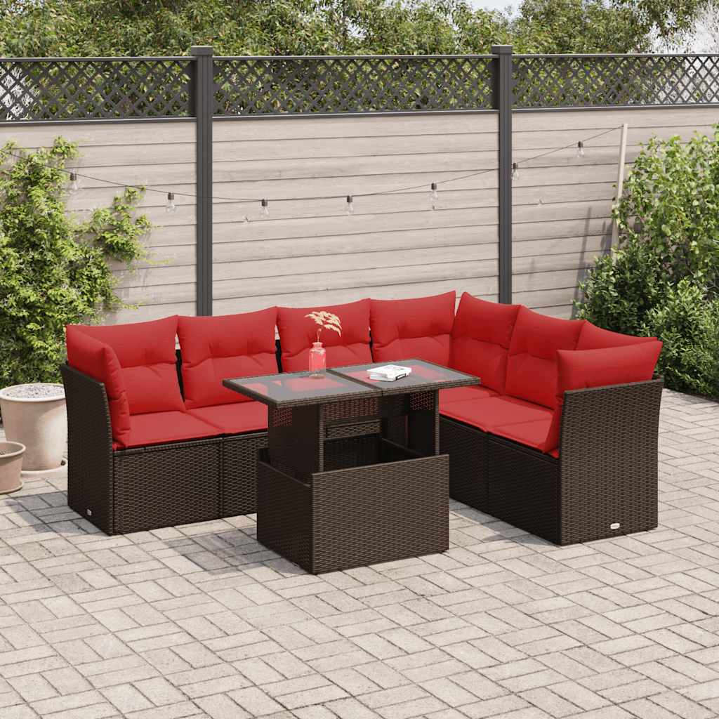 7 pcs conjunto sofás jardim almofadões vime PE/acácia castanho