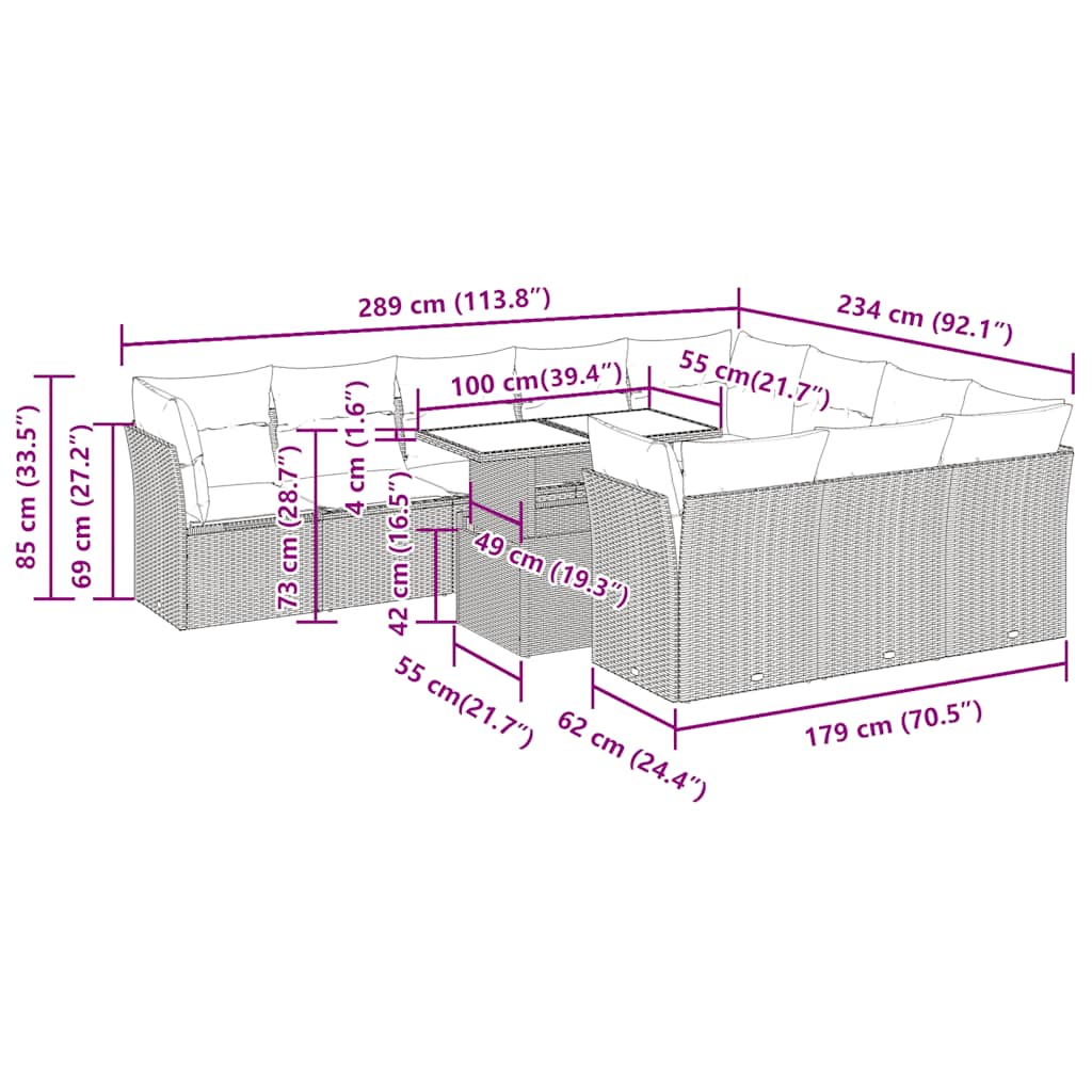 11 pcs conjunto sofás de jardim c/ almofadões vime PE preto
