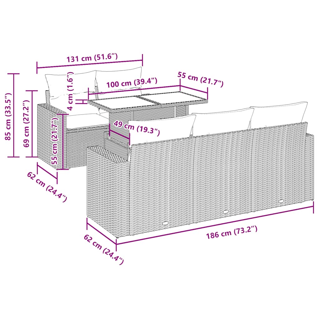 6 pcs conjunto de sofás p/ jardim com almofadões vime PE bege