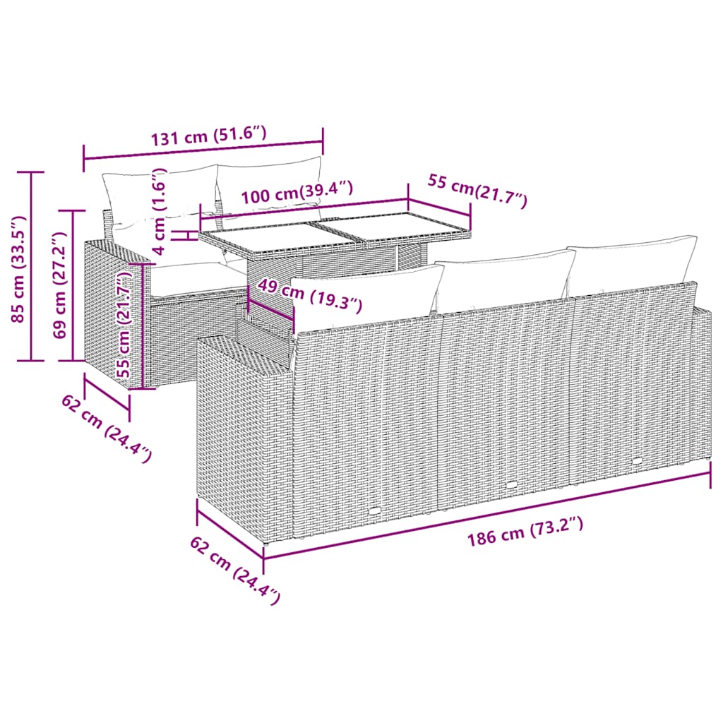 7 pcs conj. sofás jardim com almofadões vime PE cinzento-claro
