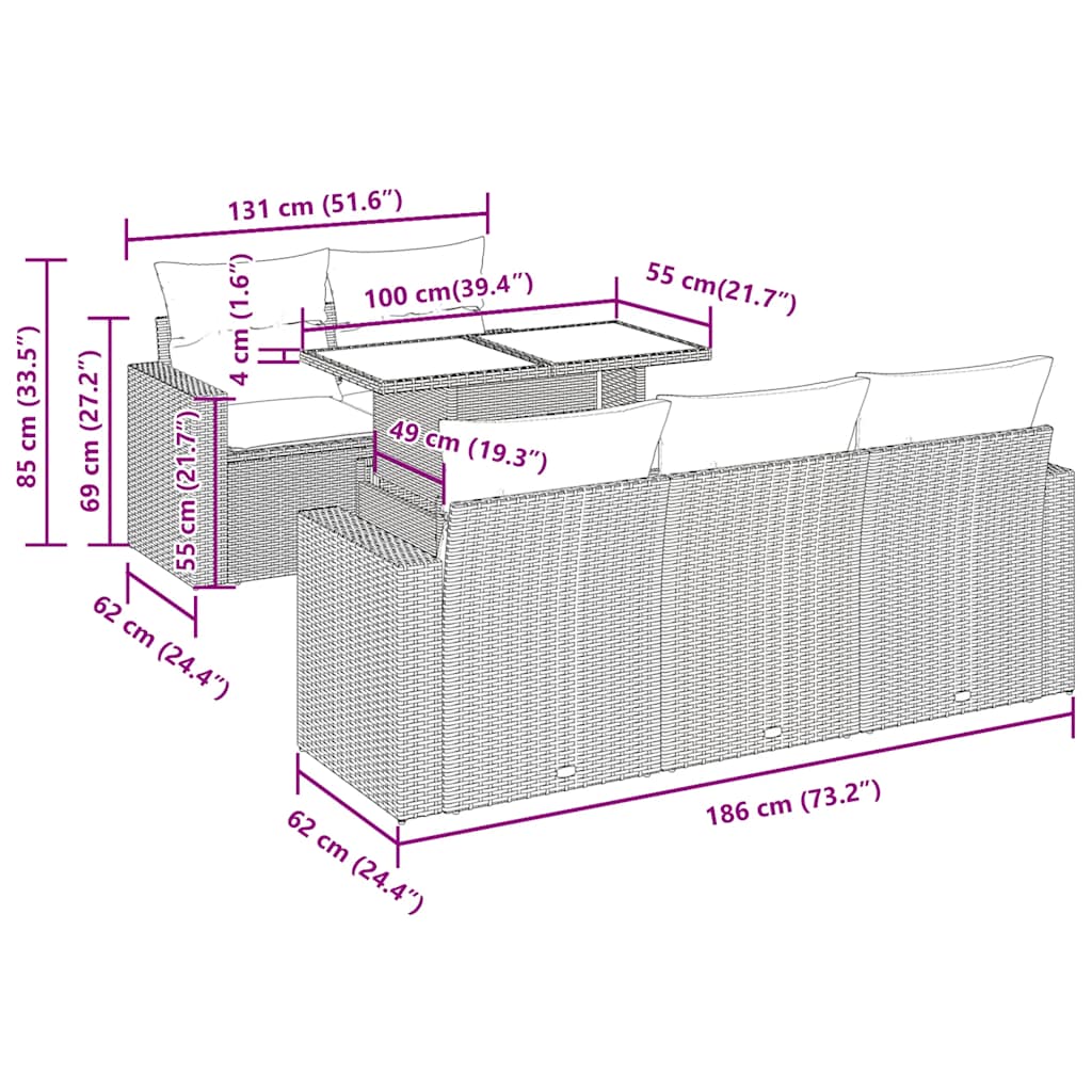 7 pcs conjunto de sofás jardim c/ almofadões vime PE castanho
