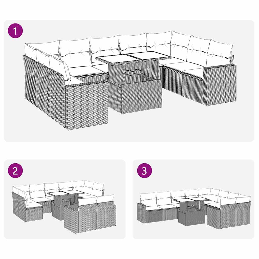 10 pcs conjunto sofás de jardim c/ almofadões vime PE preto