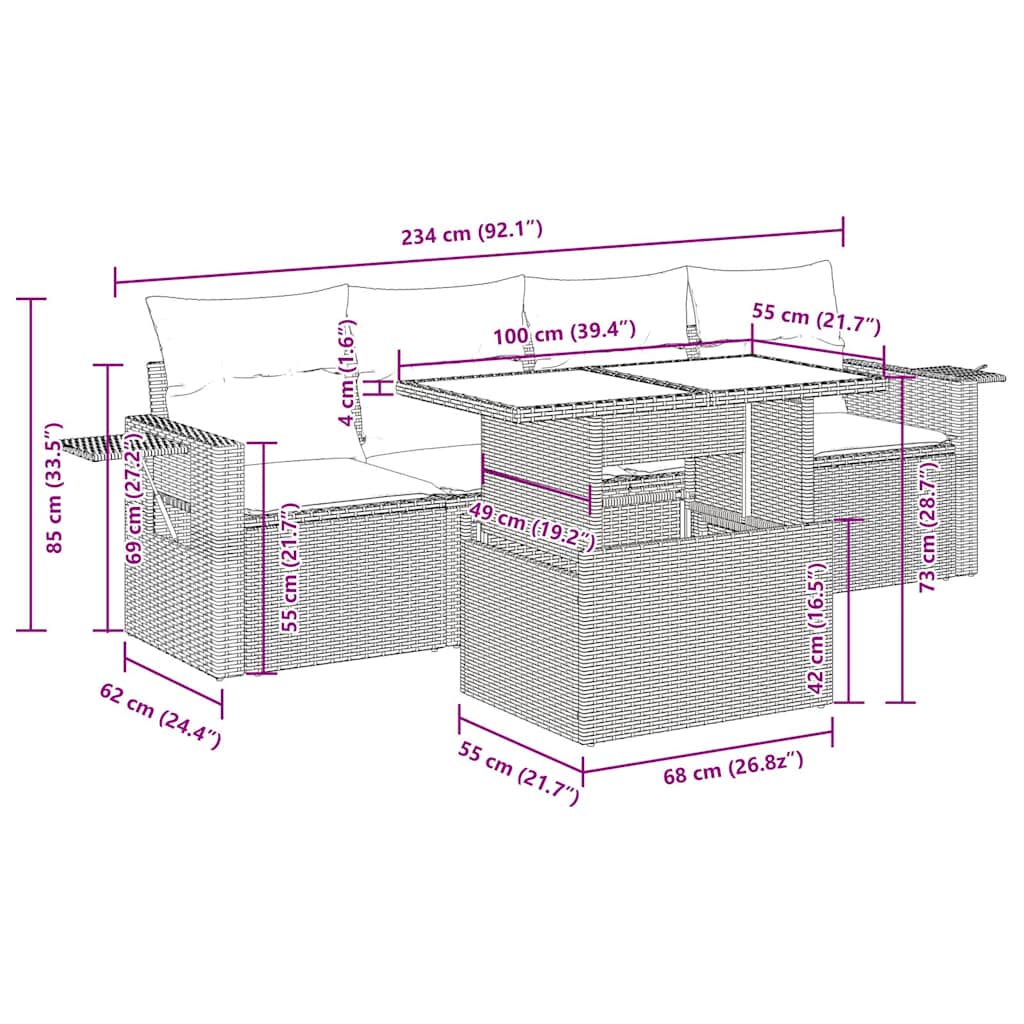 5 pcs conjunto sofás de jardim com almofadões vime PE