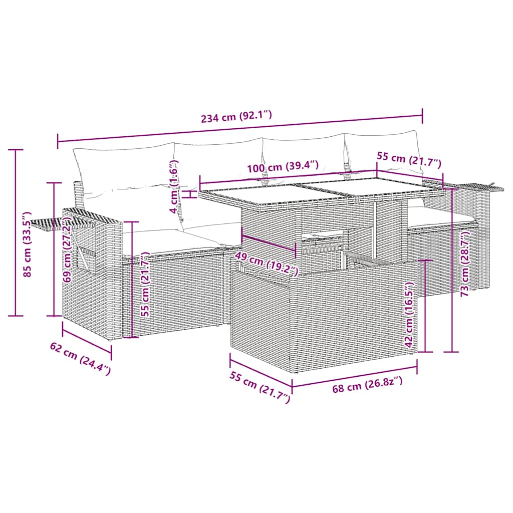 5 pcs conjunto sofás de jardim c/ almofadões acácia e vime PE