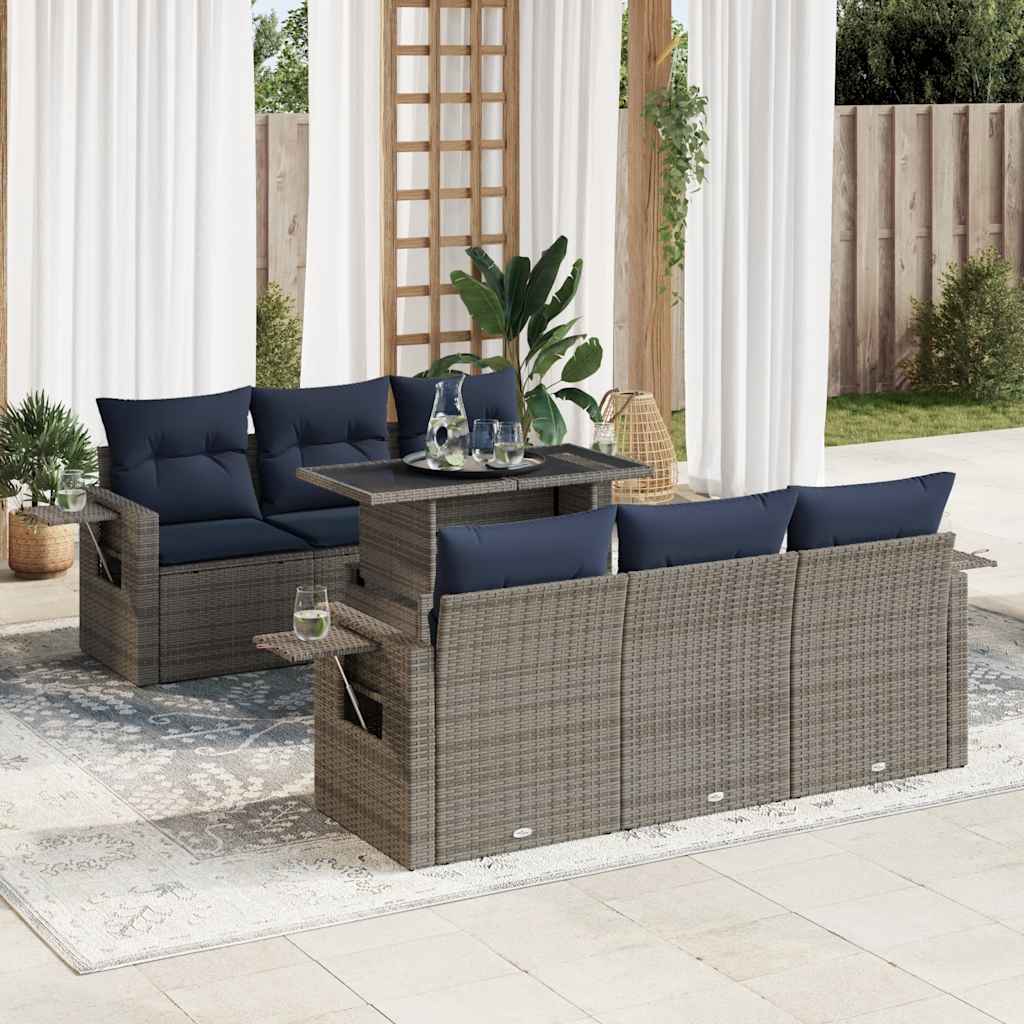 7 pcs conjunto sofás jardim c/ almofadões vime PE/acácia cinzento