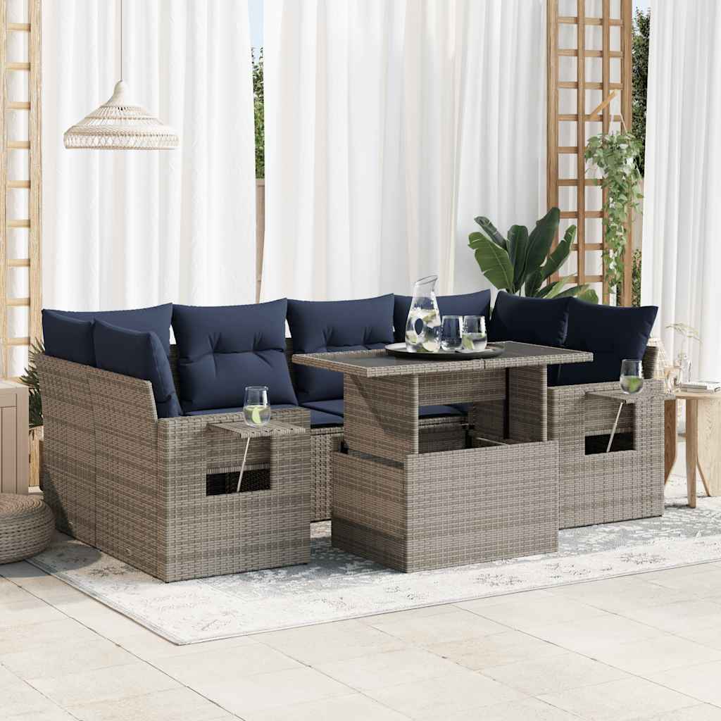 7 pcs conjunto sofás jardim c/ almofadões vime PE cinzento