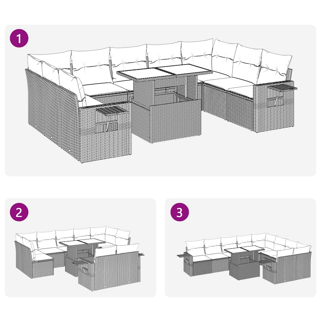 10 pcs conj. sofás jardim c/ almofadões vime PE/acácia castanho