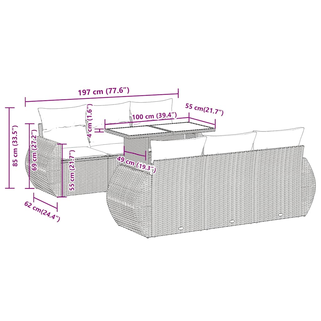 7 pcs conjunto de sofás p/ jardim c/ almofadões vime PE preto