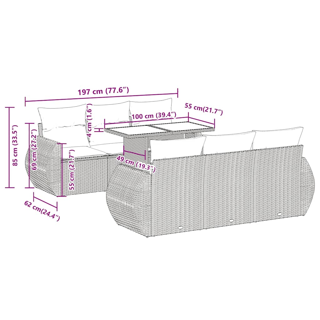7 pcs conj. sofás jardim com almofadões vime PE cinzento-claro