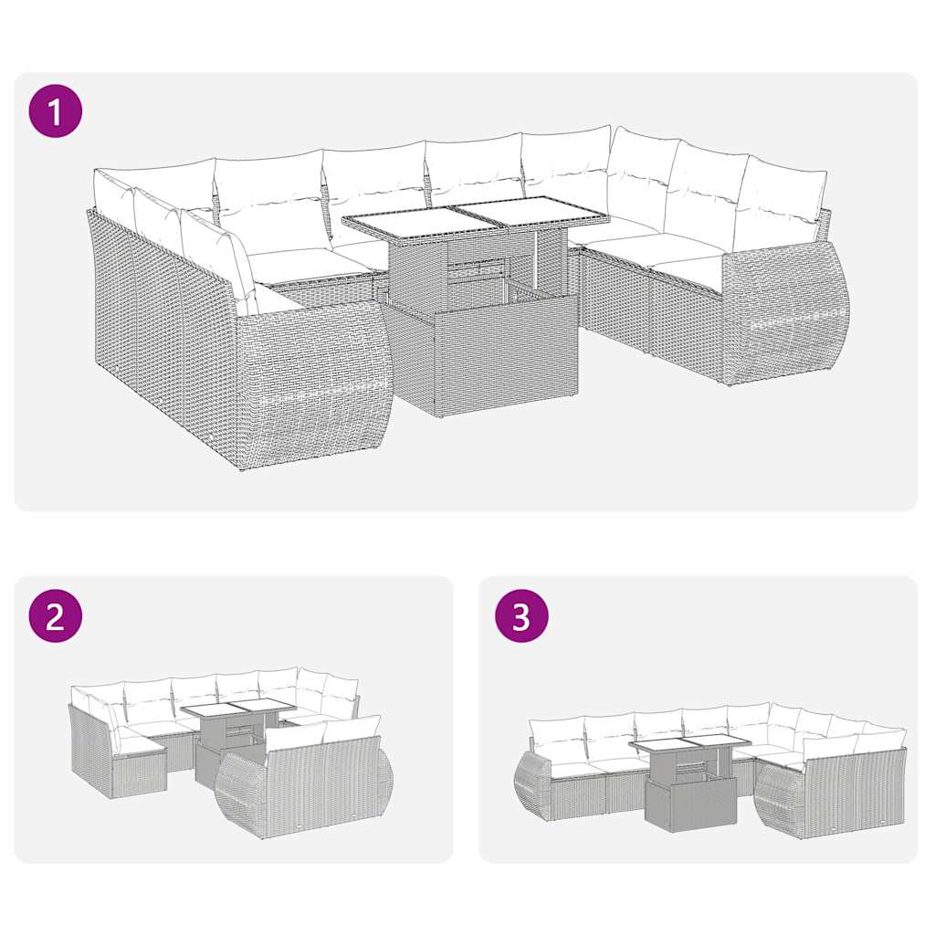 10 pcs conj. sofás jardim com almofadões vime PE castanho