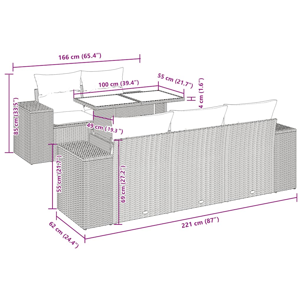 6 pcs conjunto sofás de jardim c/ almofadões vime PE preto