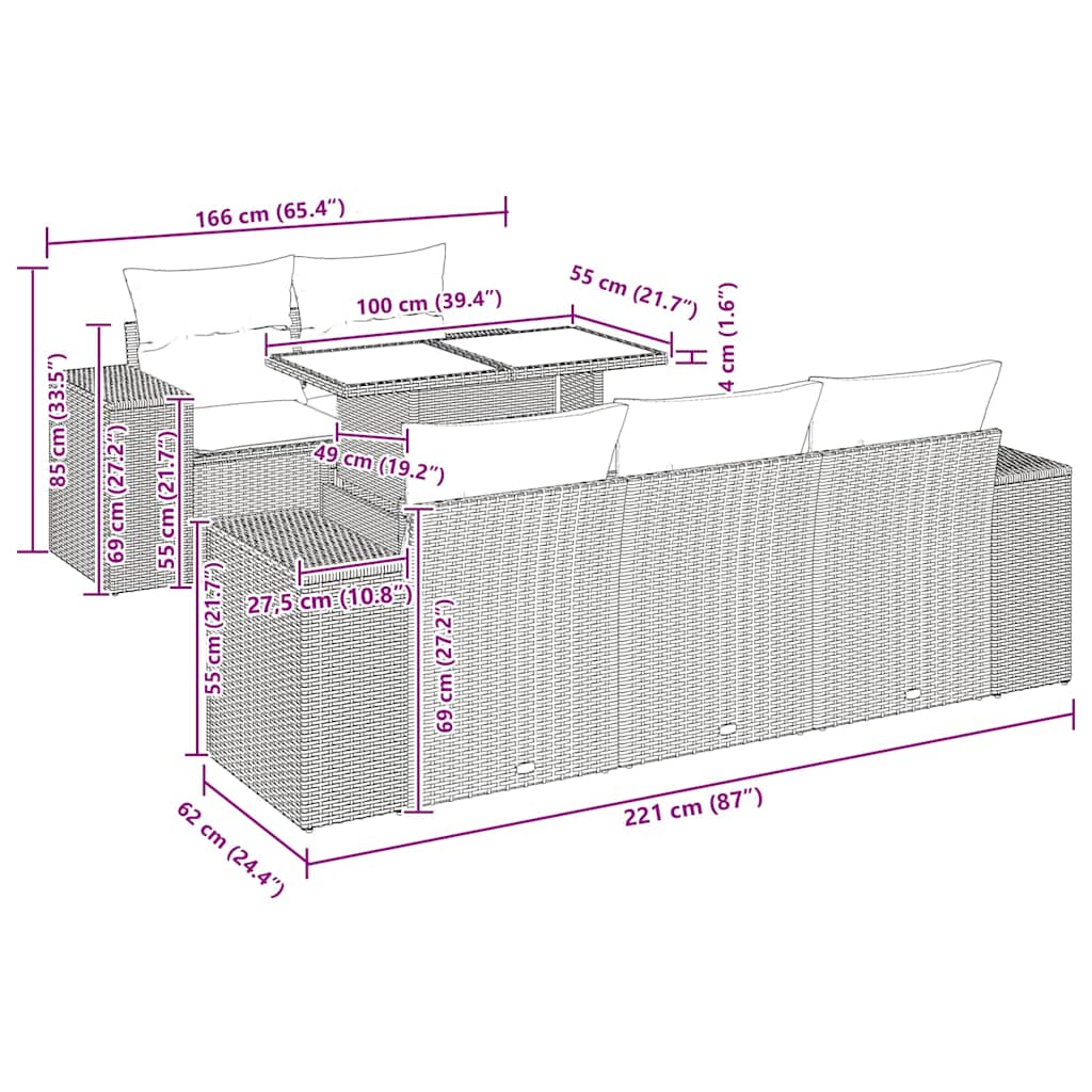 6 pcs conjunto sofás jardim com almofadões PE/acácia cinzento
