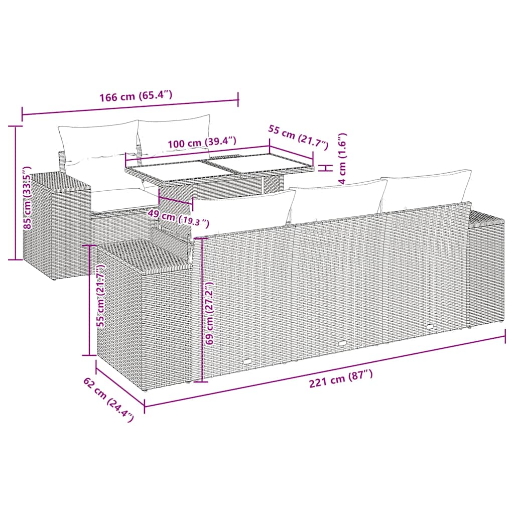 6 pcs conj. sofás jardim com almofadões vime PE cinzento-claro