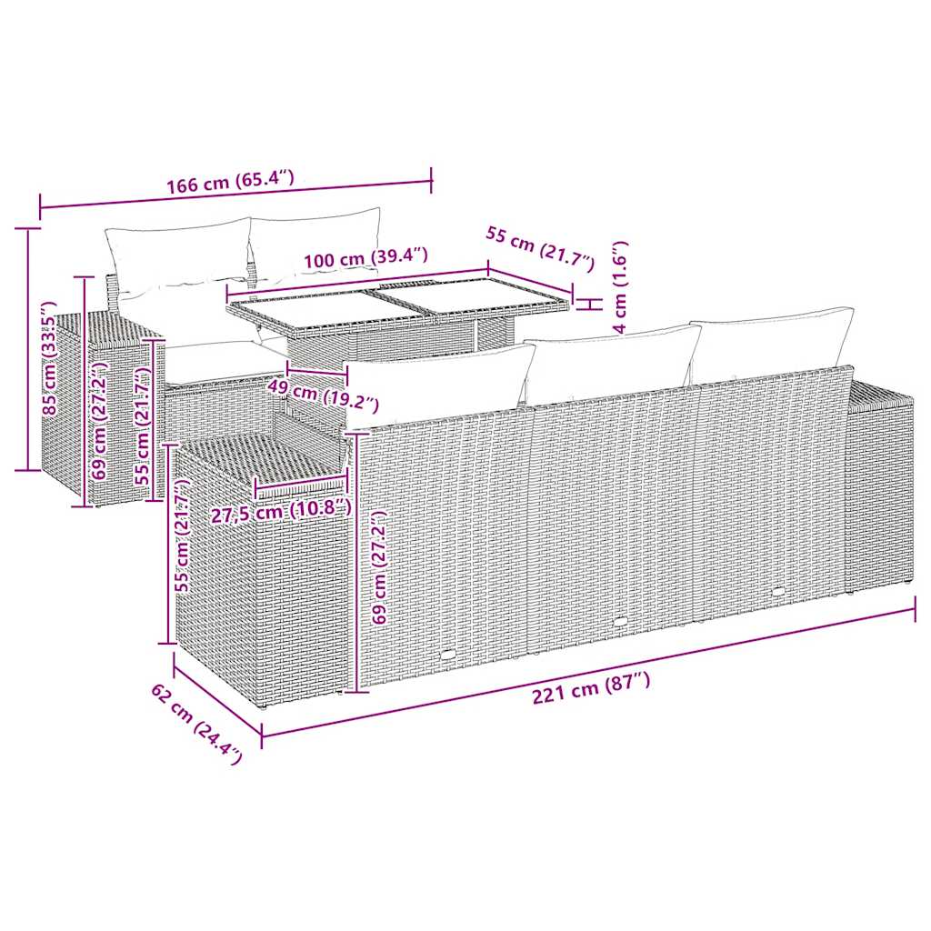 6 pcs conj. sofás jardim c/ almofadões vime PE/acácia castanho