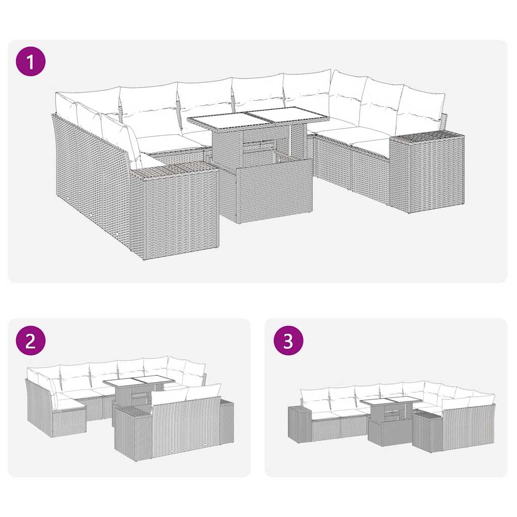 10 pcs conj. sofás jardim com almofadões vime PE cinzento-claro