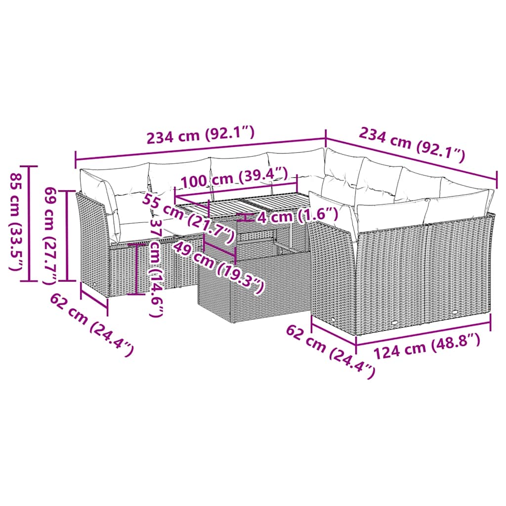 9 pcs conjunto de sofás p/ jardim com almofadões vime PE bege