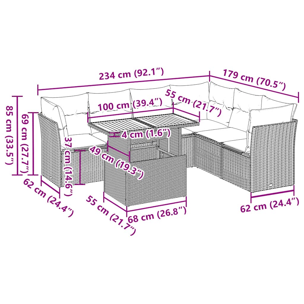 7 pcs conjunto de sofás p/ jardim c/ almofadões vime PE preto