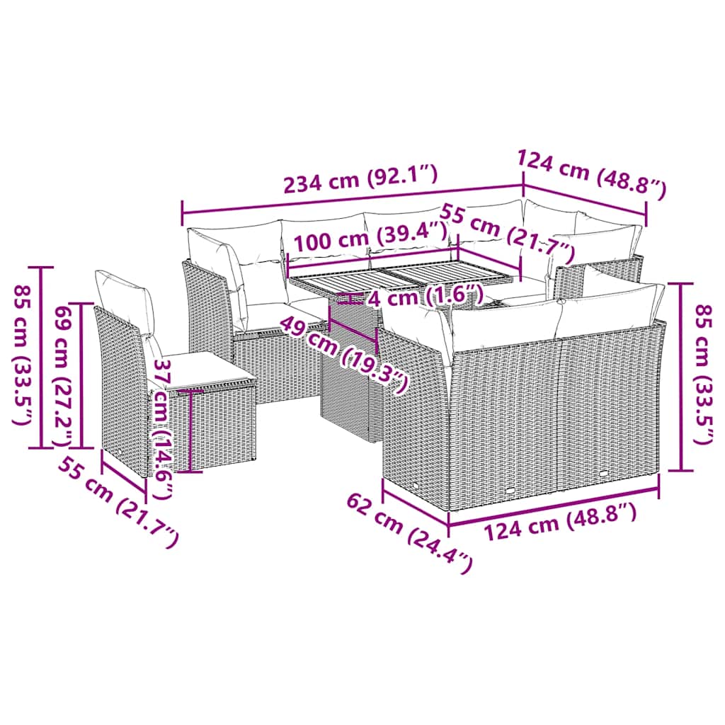 9 pcs conjunto de sofás p/ jardim com almofadões vime PE bege