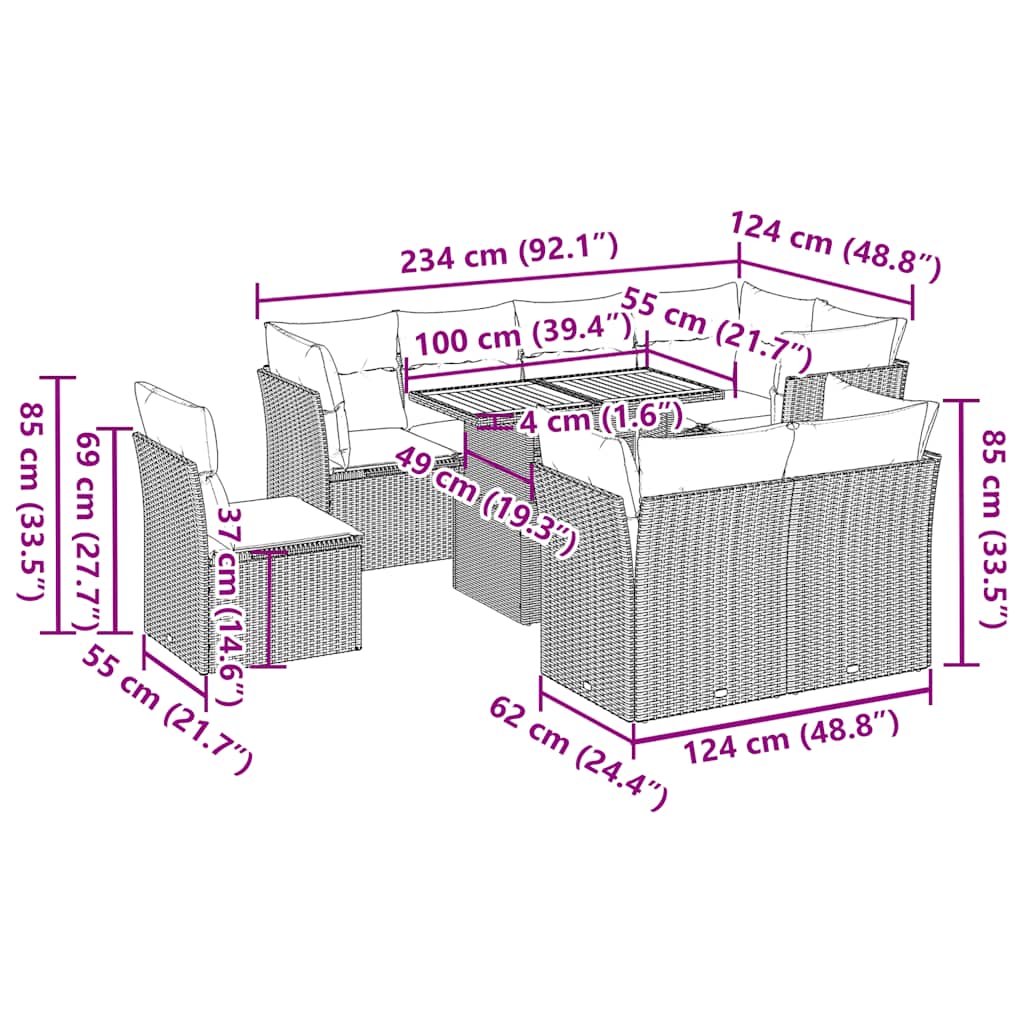 9 pcs conjunto sofás p/ jardim com almofadões vime PE cinzento