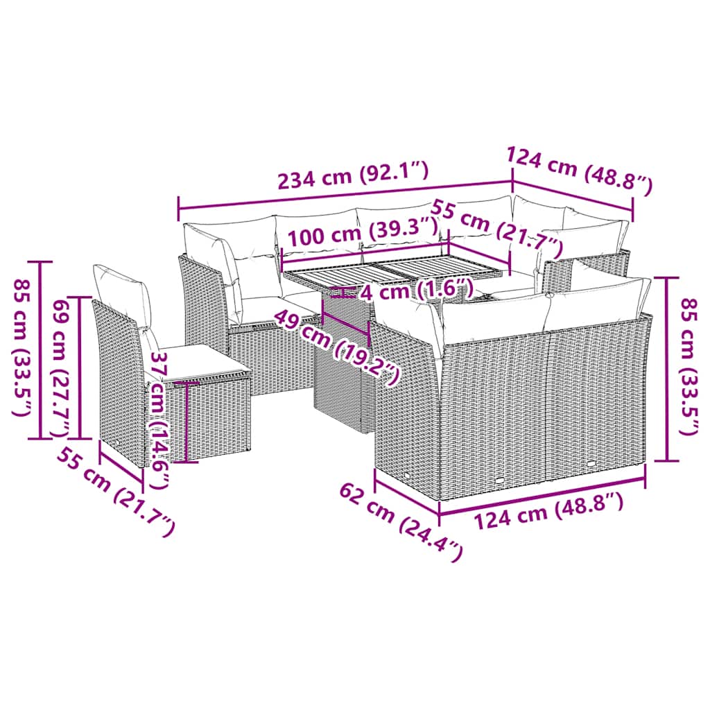 9 pcs conjunto sofás p/ jardim com almofadões vime PE cinzento