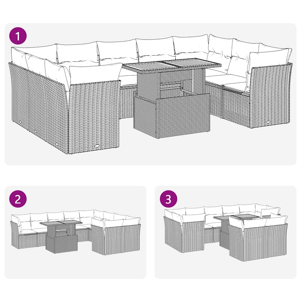 10 pcs conjunto de sofás p/ jardim com almofadões vime PE bege