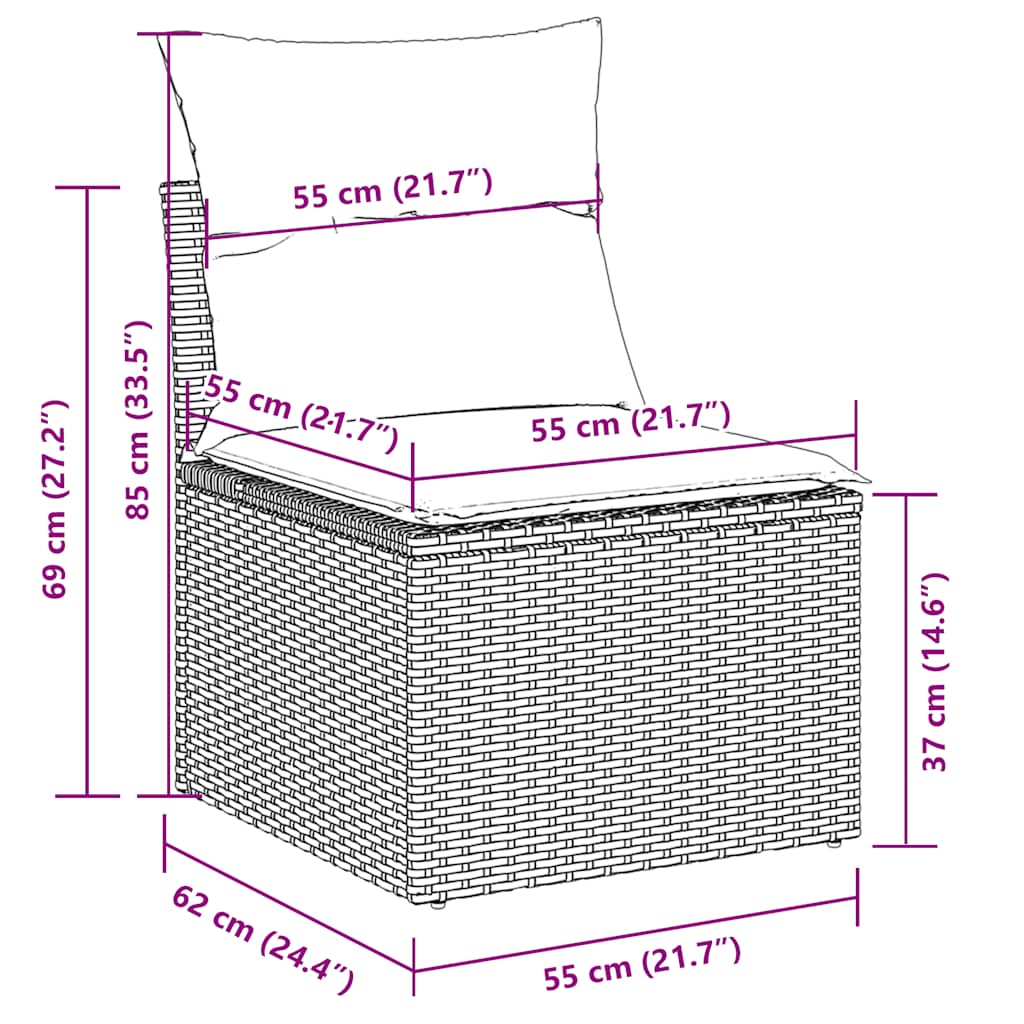 7 pcs conjunto sofás p/ jardim c/ almofadões vime PE cinzento