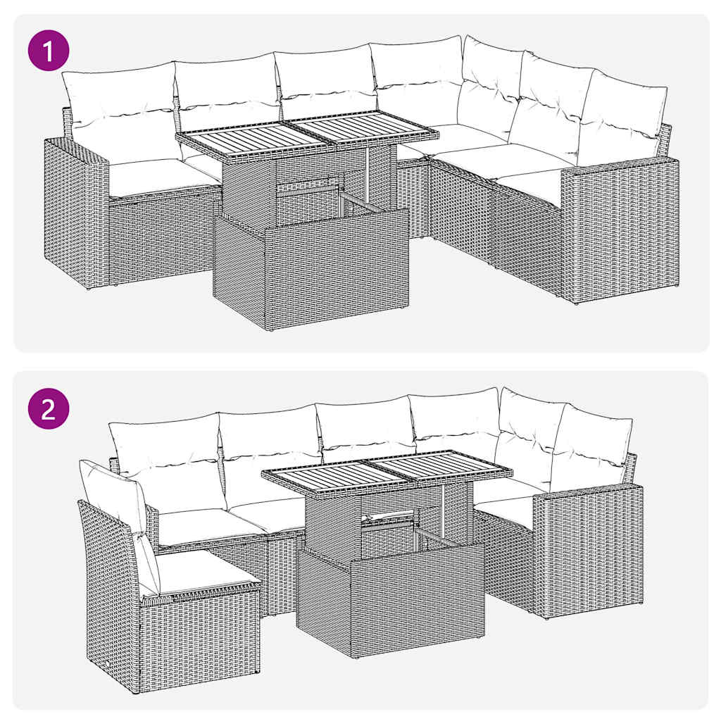 7 pcs conjunto de sofás p/ jardim c/ almofadões vime PE preto