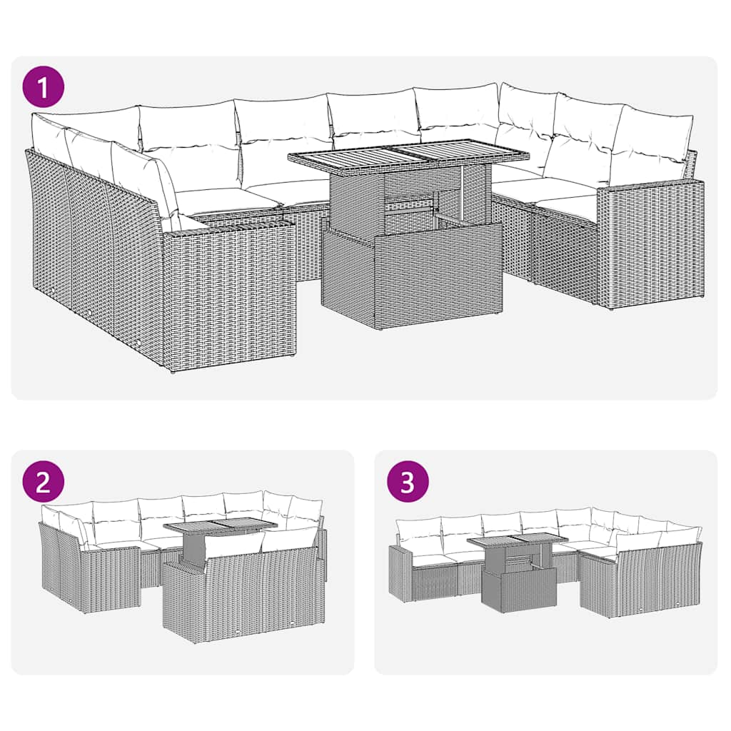 10 pcs conjunto sofás de jardim c/ almofadões vime PE preto