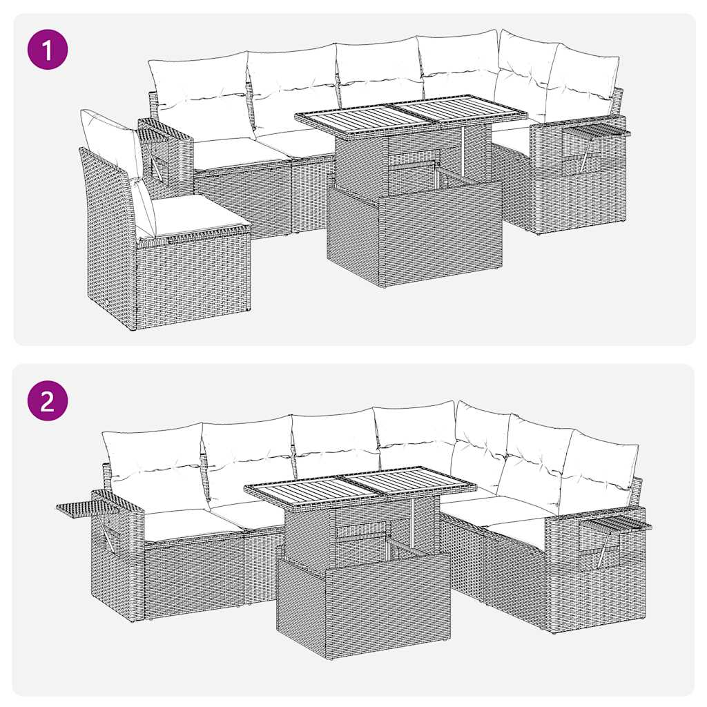 7 pcs conjunto sofás p/ jardim c/ almofadões vime PE cinzento
