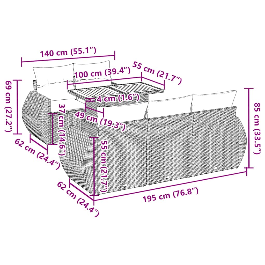 6 pcs conjunto de sofás p/ jardim com almofadões vime PE bege