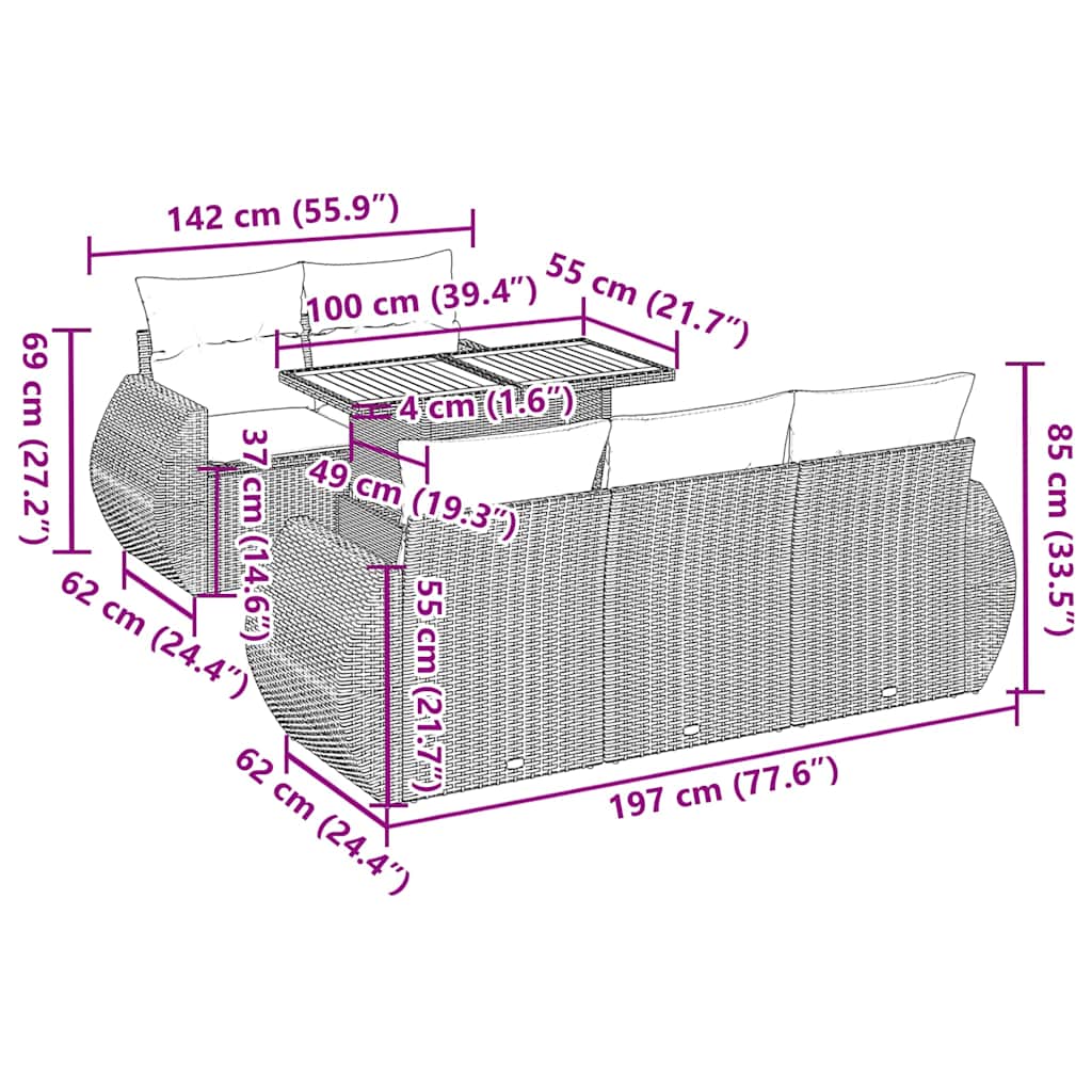 6 pcs conjunto de sofás p/ jardim com almofadões vime PE bege