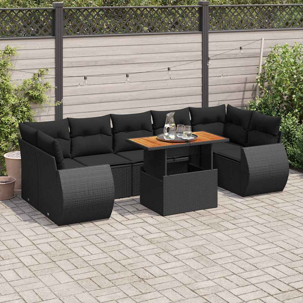 8 pcs conjunto sofás de jardim com almofadões vime PE preto