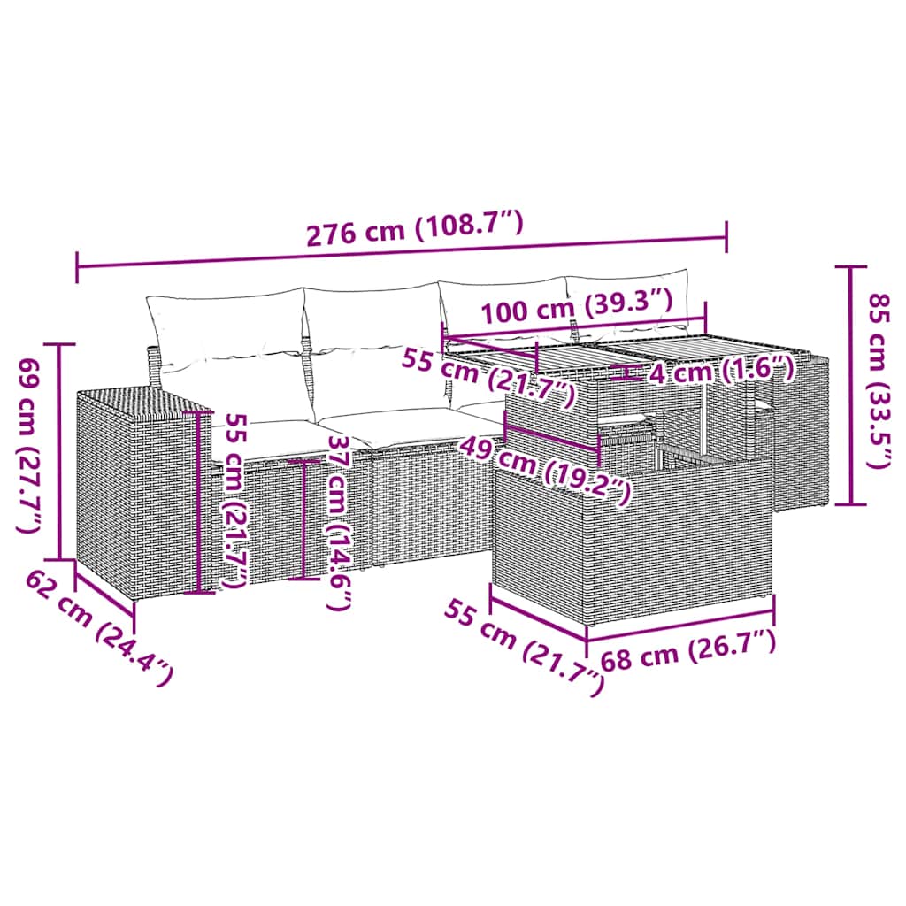 5 pcs conjunto sofás de jardim c/ almofadões vime PE cinzento