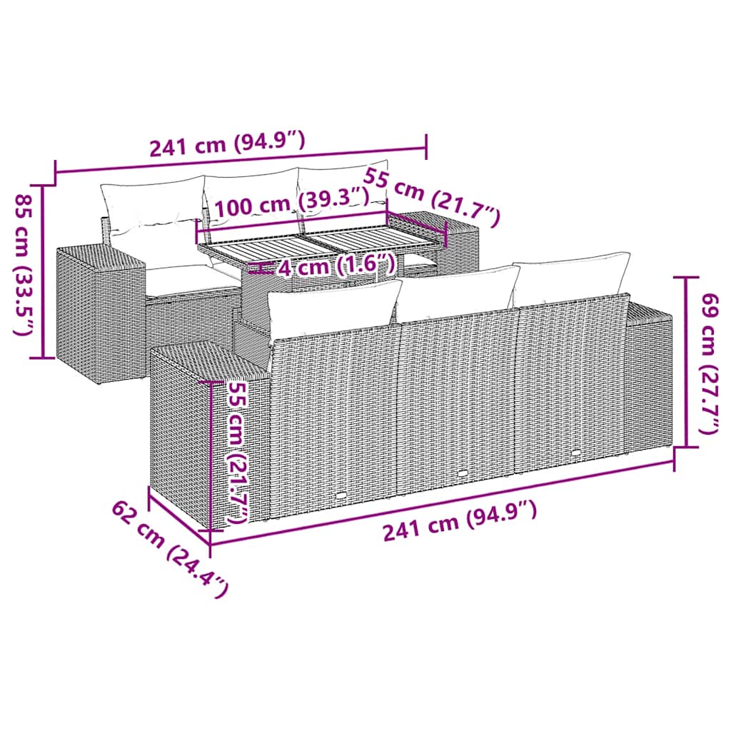 7 pcs conjunto sofás p/ jardim c/ almofadões vime PE cinzento