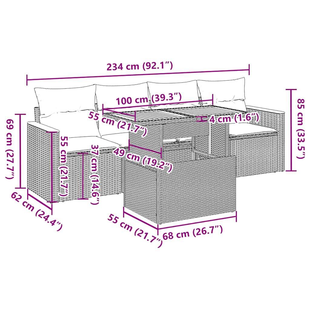 5 pcs conjunto sofás de jardim c/ almofadões vime PE cinzento