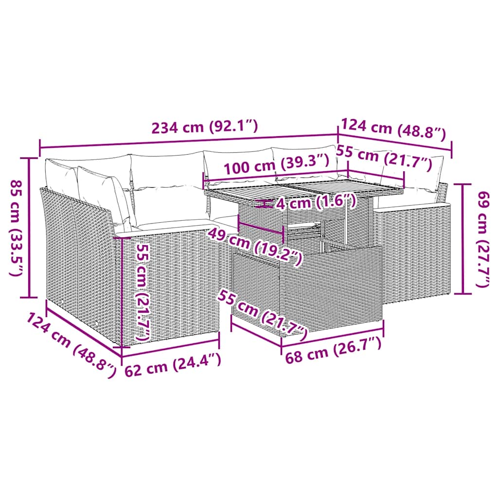 6 pcs conjunto sofás jardim c/ almofadões vime PE/acácia preto