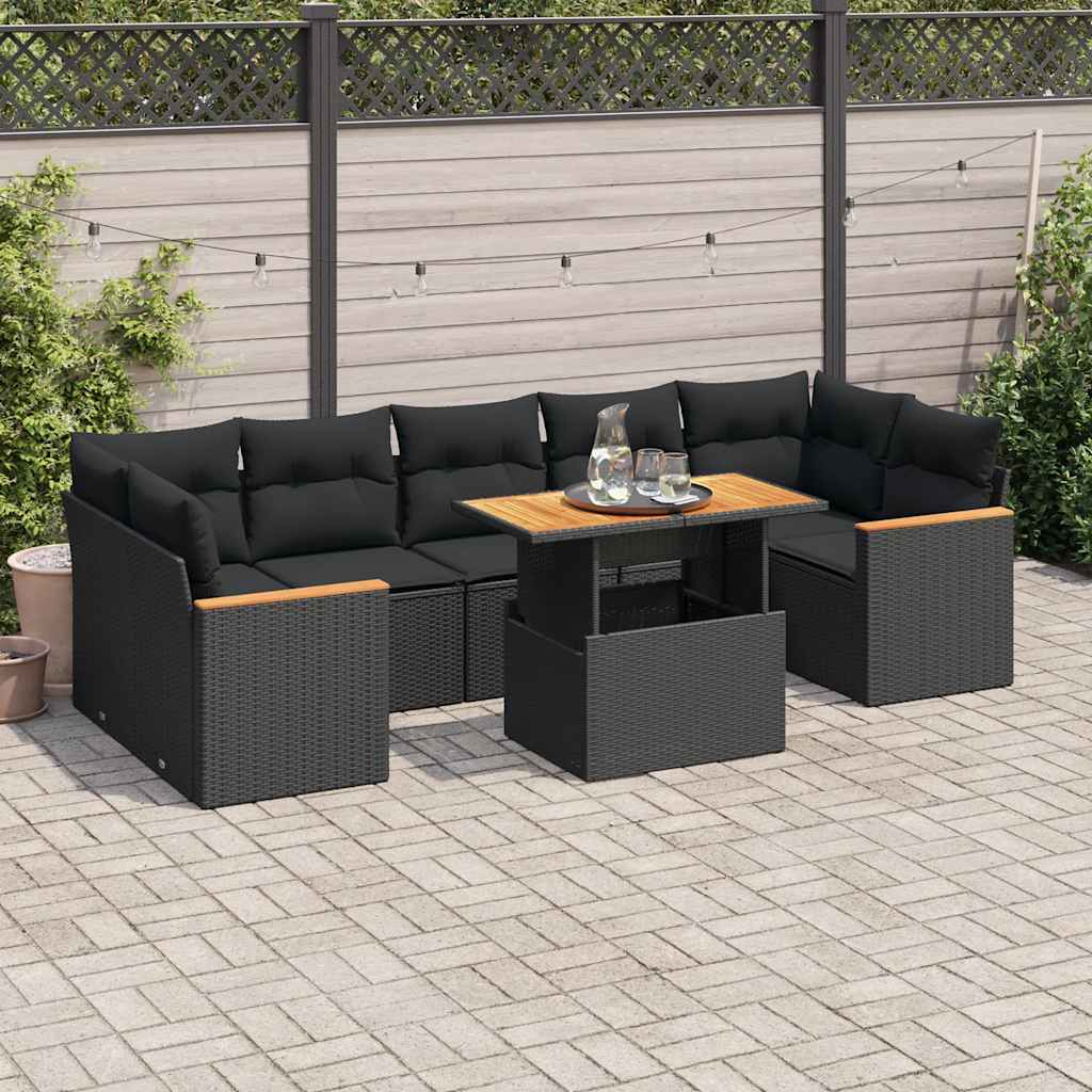 8 pcs conjunto sofás jardim com almofadões vime PE/acácia preto