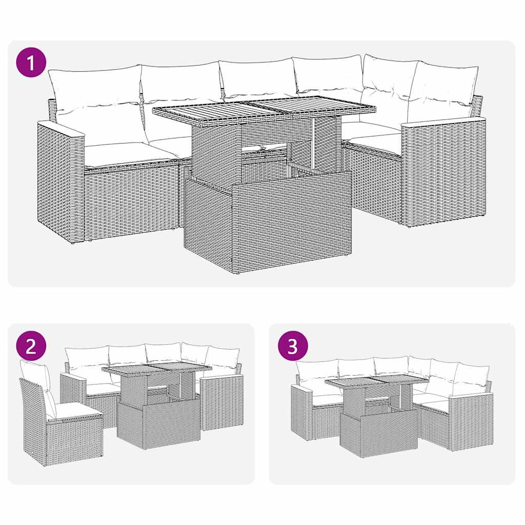 6 pcs conjunto sofás jardim com almofadões vime PE/acácia bege