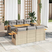 7 pcs conjunto sofás jardim com almofadões vime PE/acácia bege