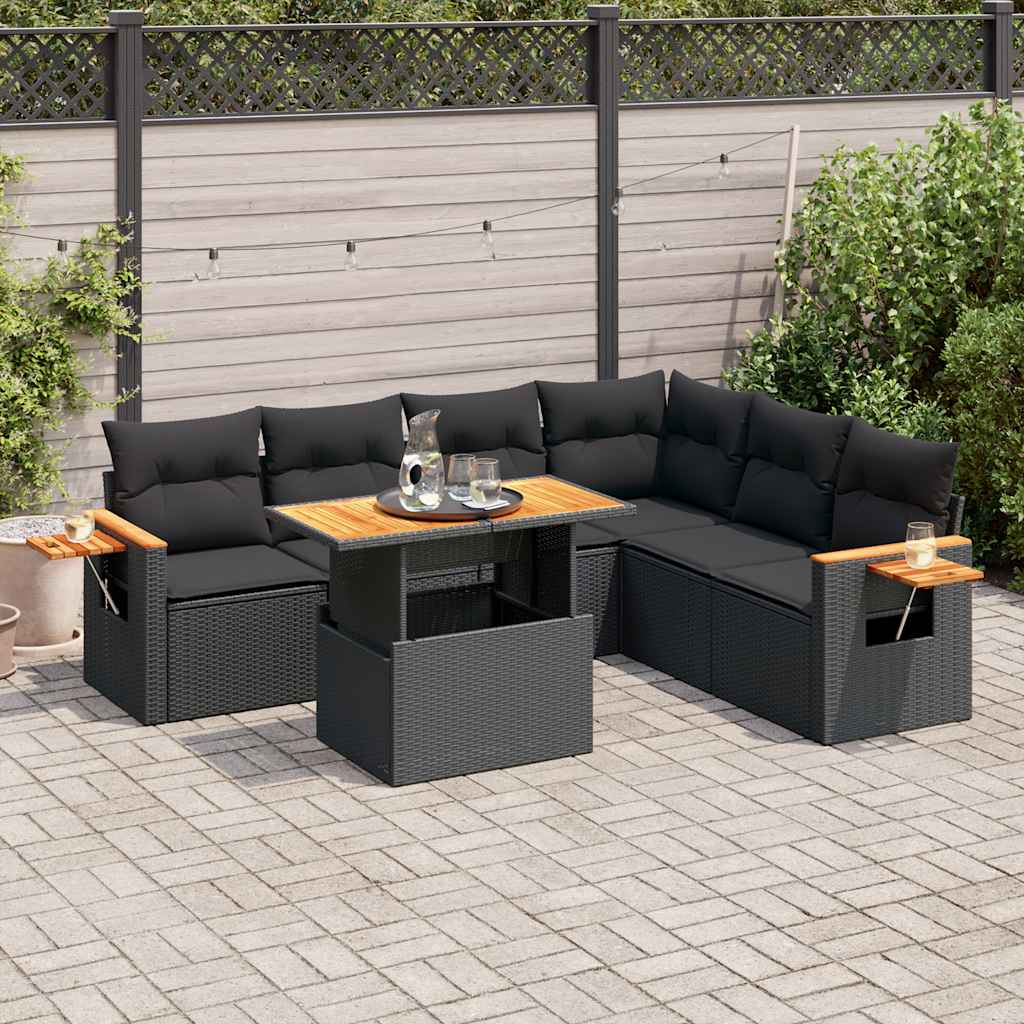 7 pcs conjunto sofás jardim c/ almofadões vime PE/acácia preto