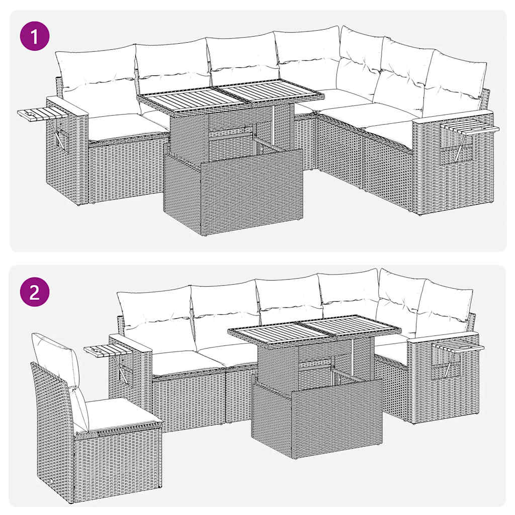 7 pcs conjunto sofás jardim com almofadões vime PE/acácia bege