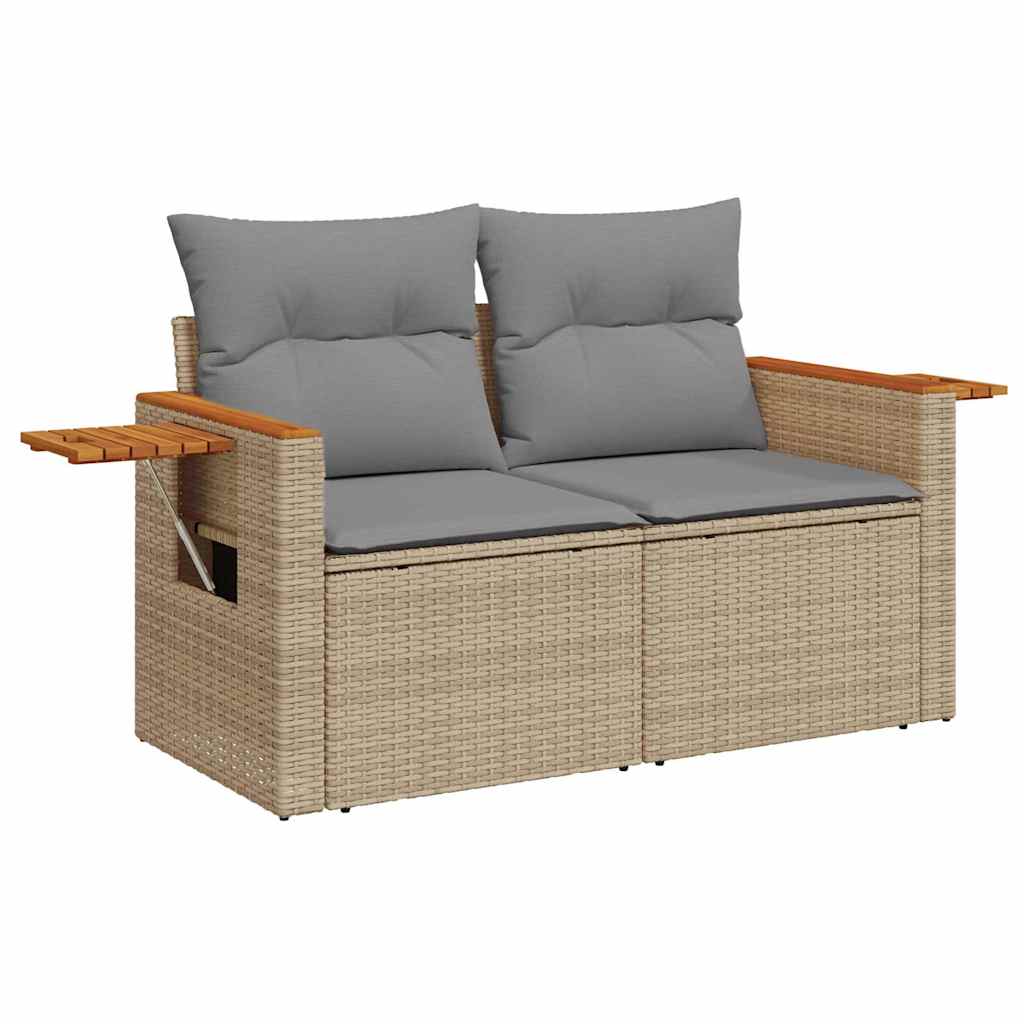 7 pcs conjunto sofás jardim com almofadões vime PE/acácia bege