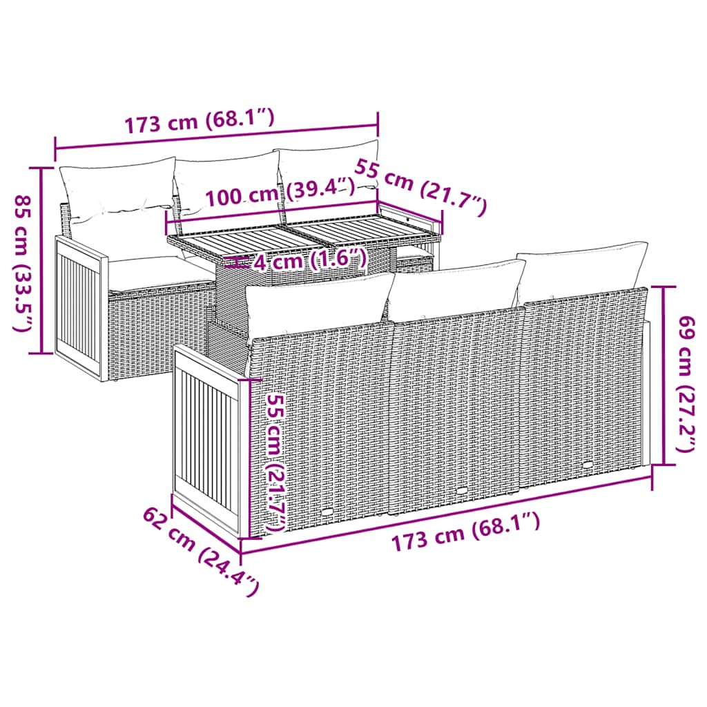 7 pcs conjunto sofás jardim c/ almofadões vime PE/acácia preto
